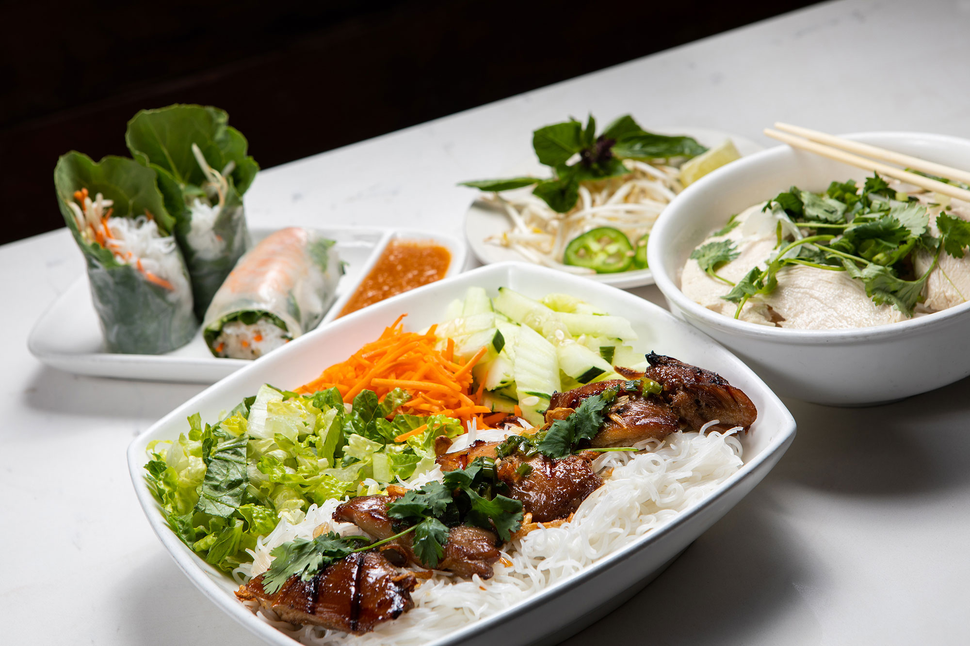 SEA Bambuza Plated Food (vermicelli noodles, pho, spring rolls)