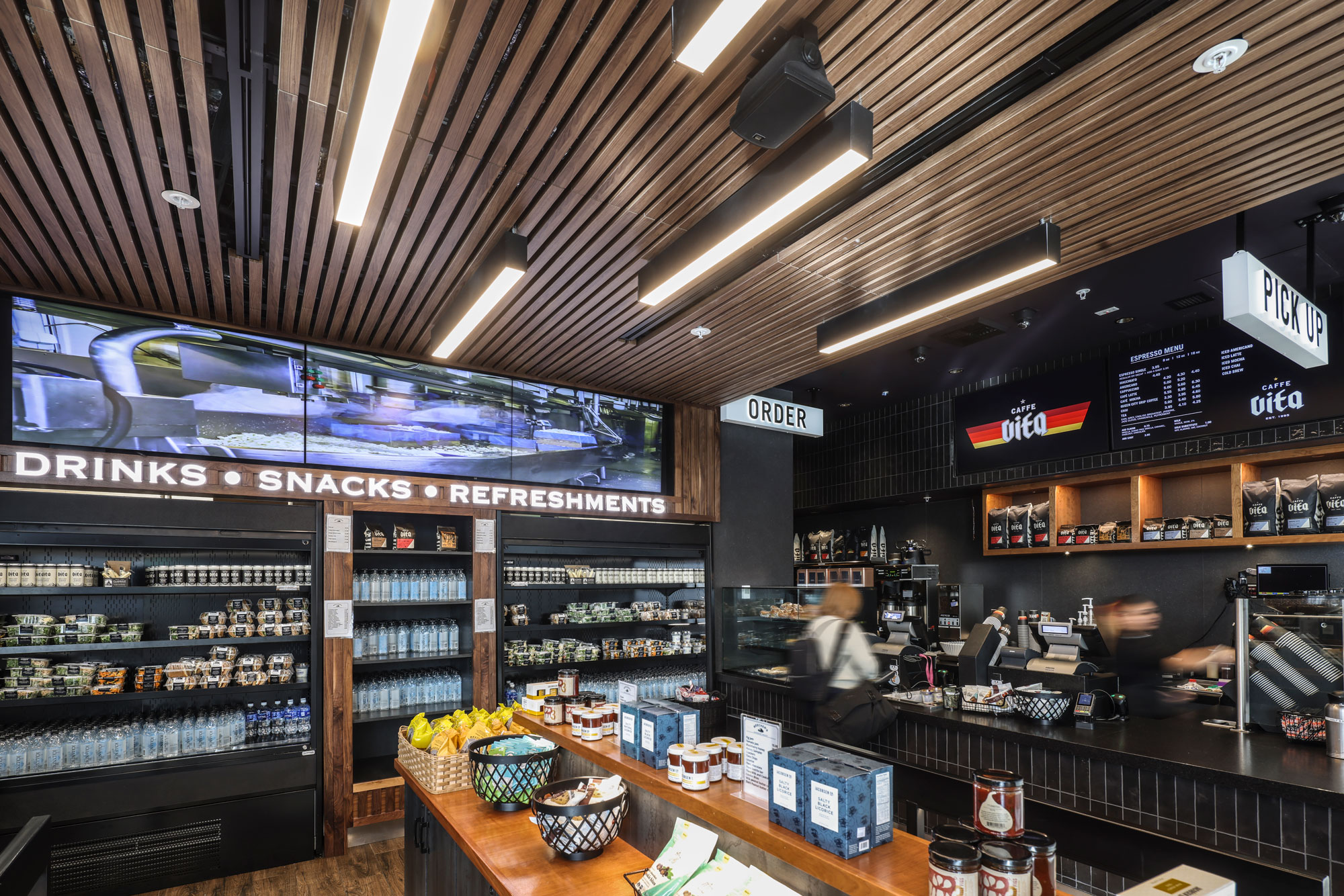 SEA Airport Beecher's Handmade Cheese interior with drinks, snacks and refreshments display wall