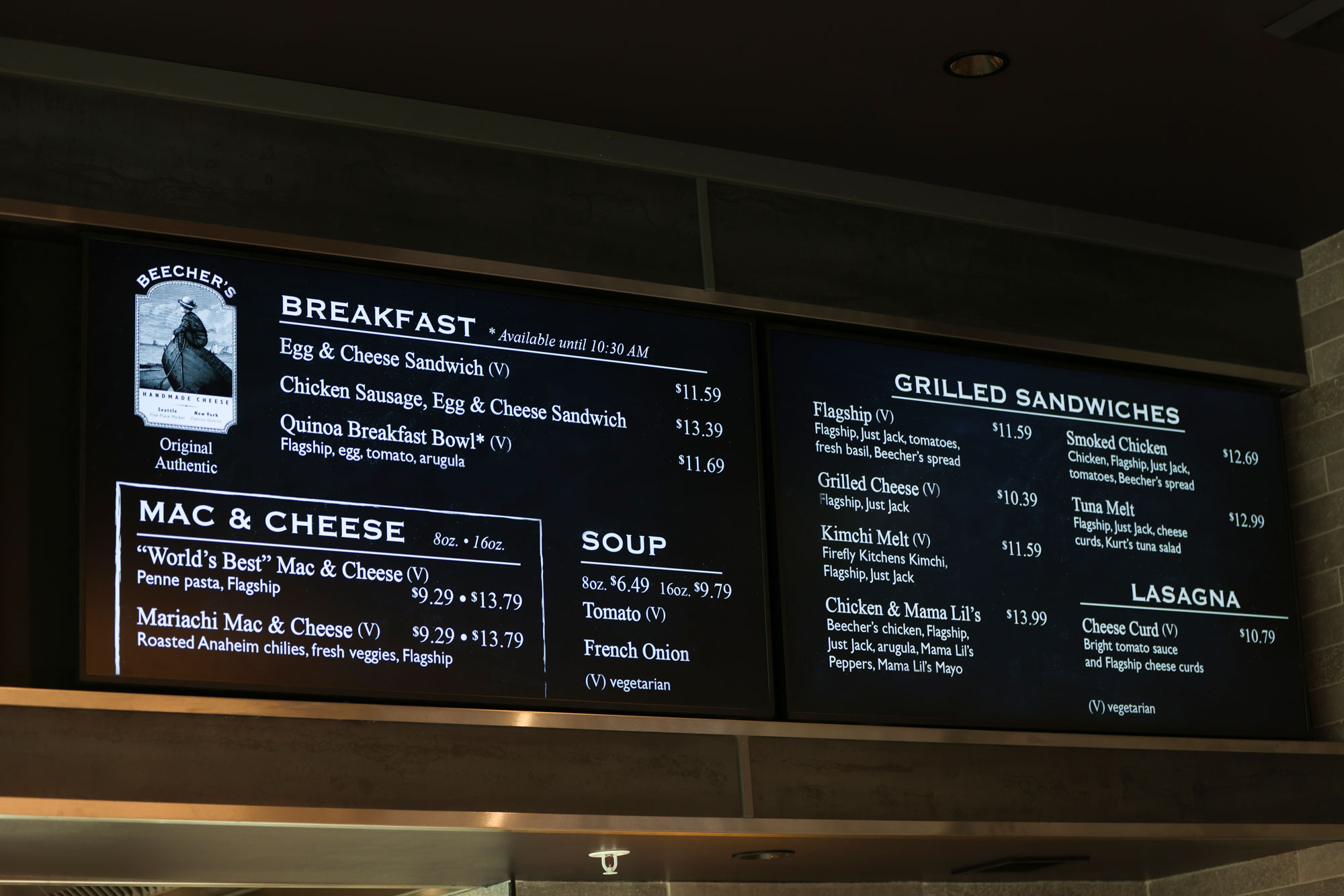 SEA Airport Beecher's Handmade Cheese ,menu display