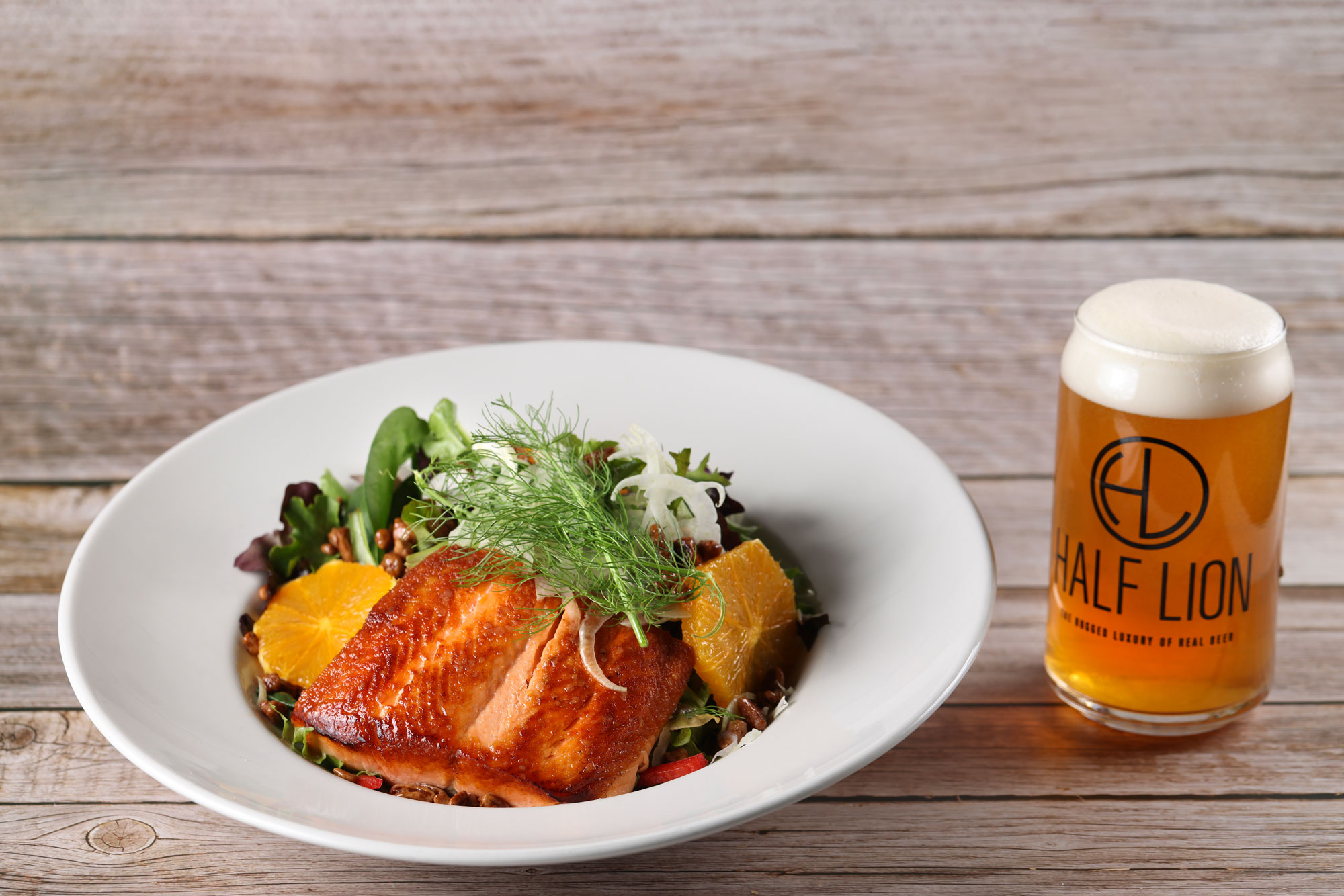 SEA BrewTop Social salmon, salad, and craft beer