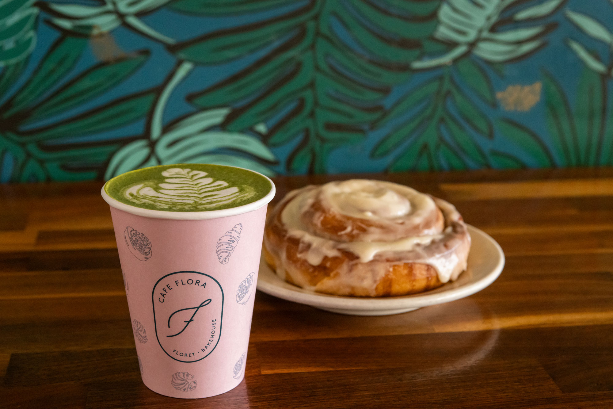 SEA Floret by Cafe Flora cinnamon roll and matcha drink