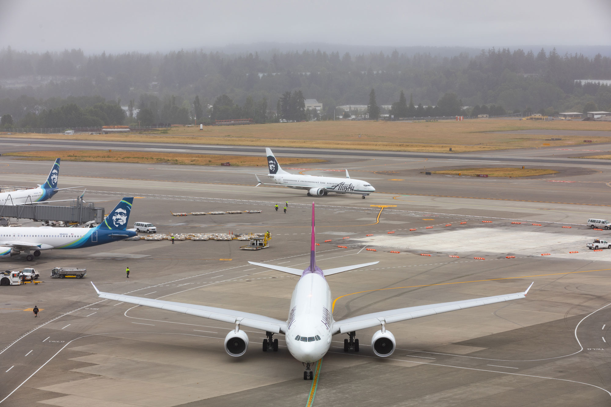 SEA Airport - Alaska and Hawaiian airline planes on airfield