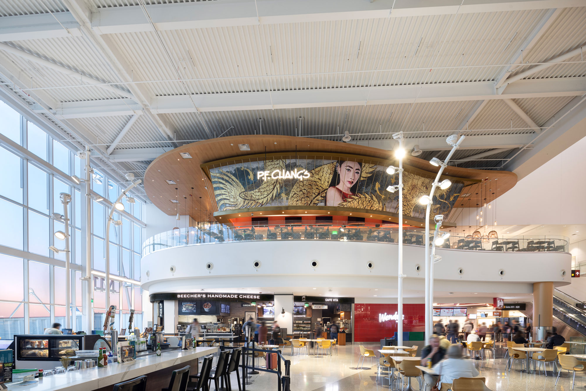 SEA Airport P.F. Chang's view from the terminal showing location above Beecher's Handmade Cheese and Wendy's