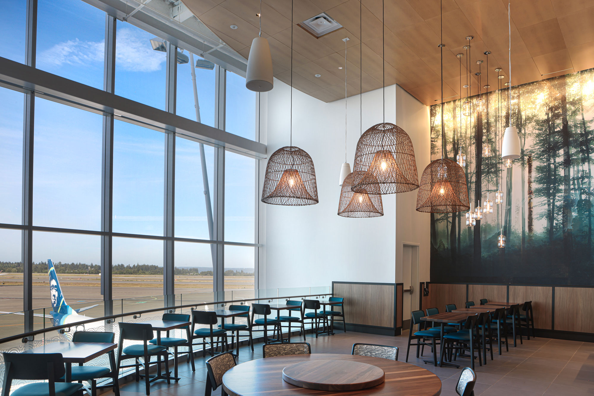 SEA Airport P.F. Chang's seating with window views with Alaska Airlines' plane