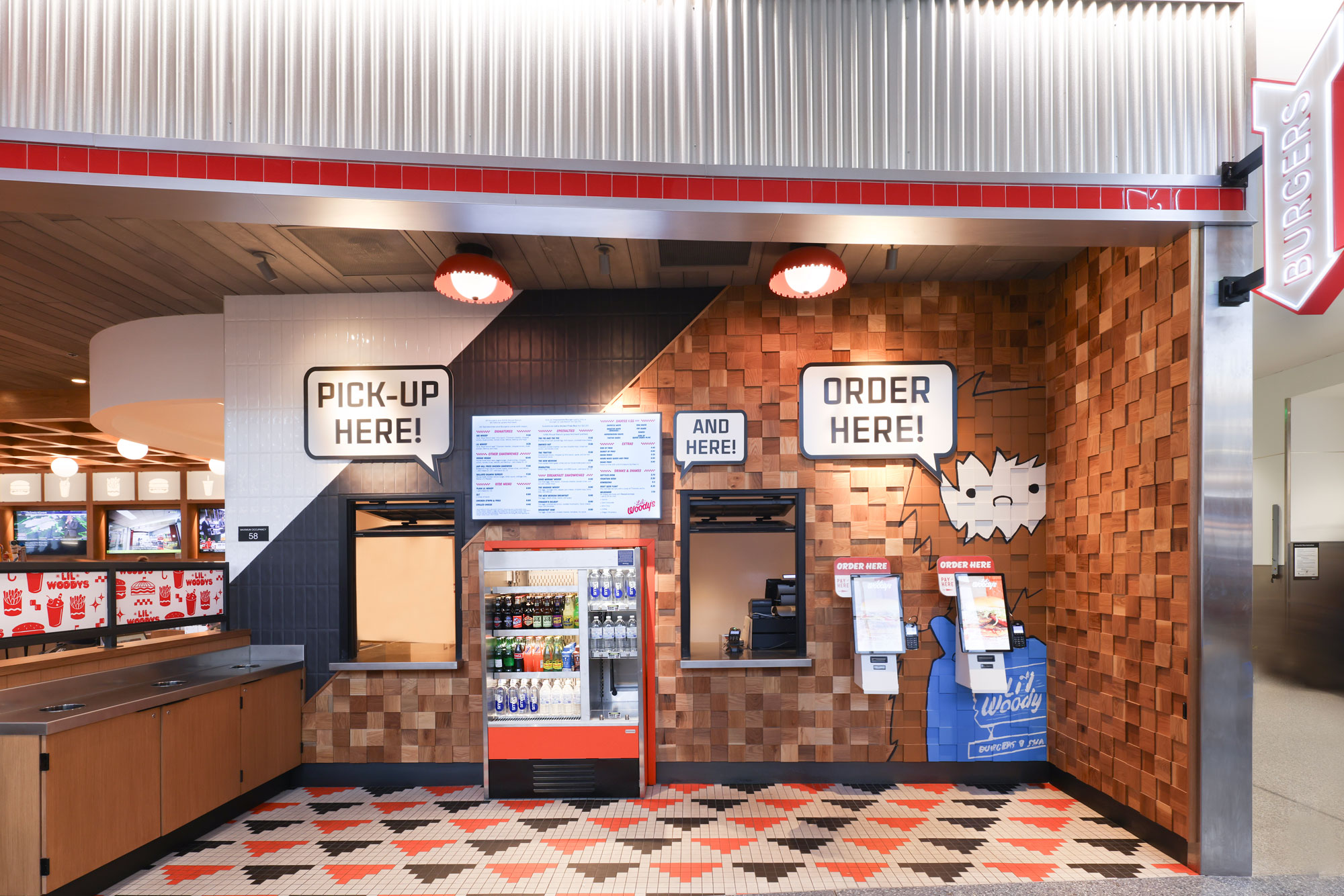 Lil Woody's To-Go with Order Here and Pick-Up Here areas