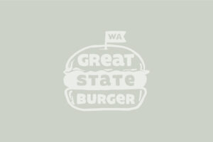Great State Burger inverted white logo on green/grey background