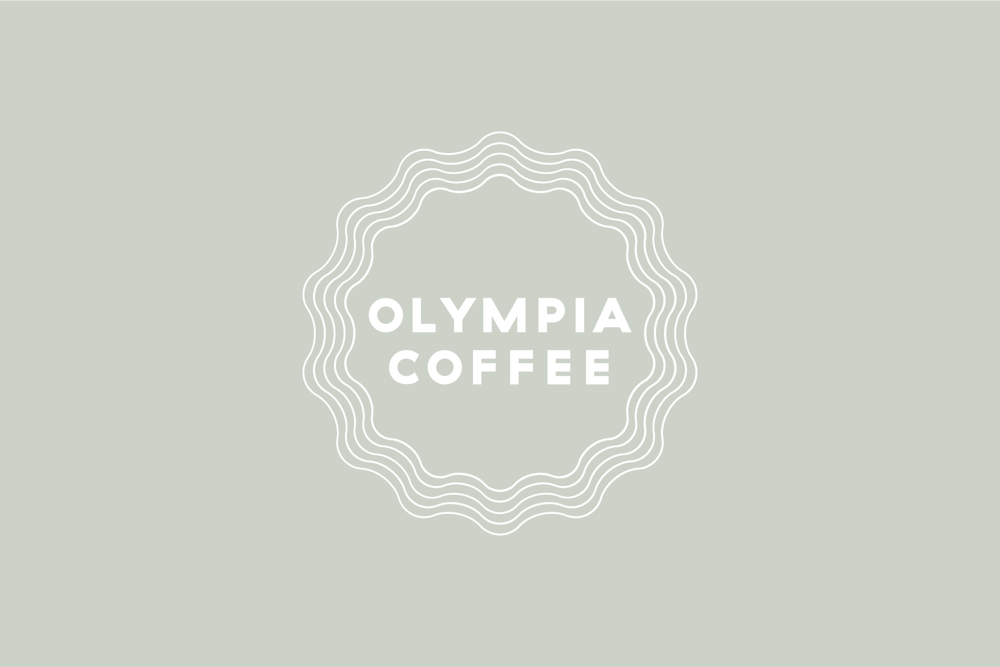 Olympia Coffee inverted white logo on green/grey background