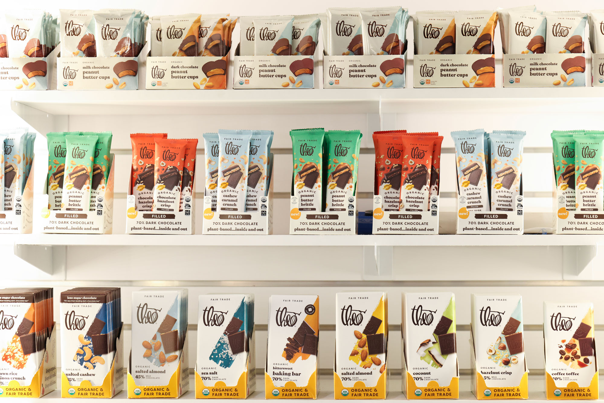 Theo Chocolate display case with only Theo Chocolate merchandise selection