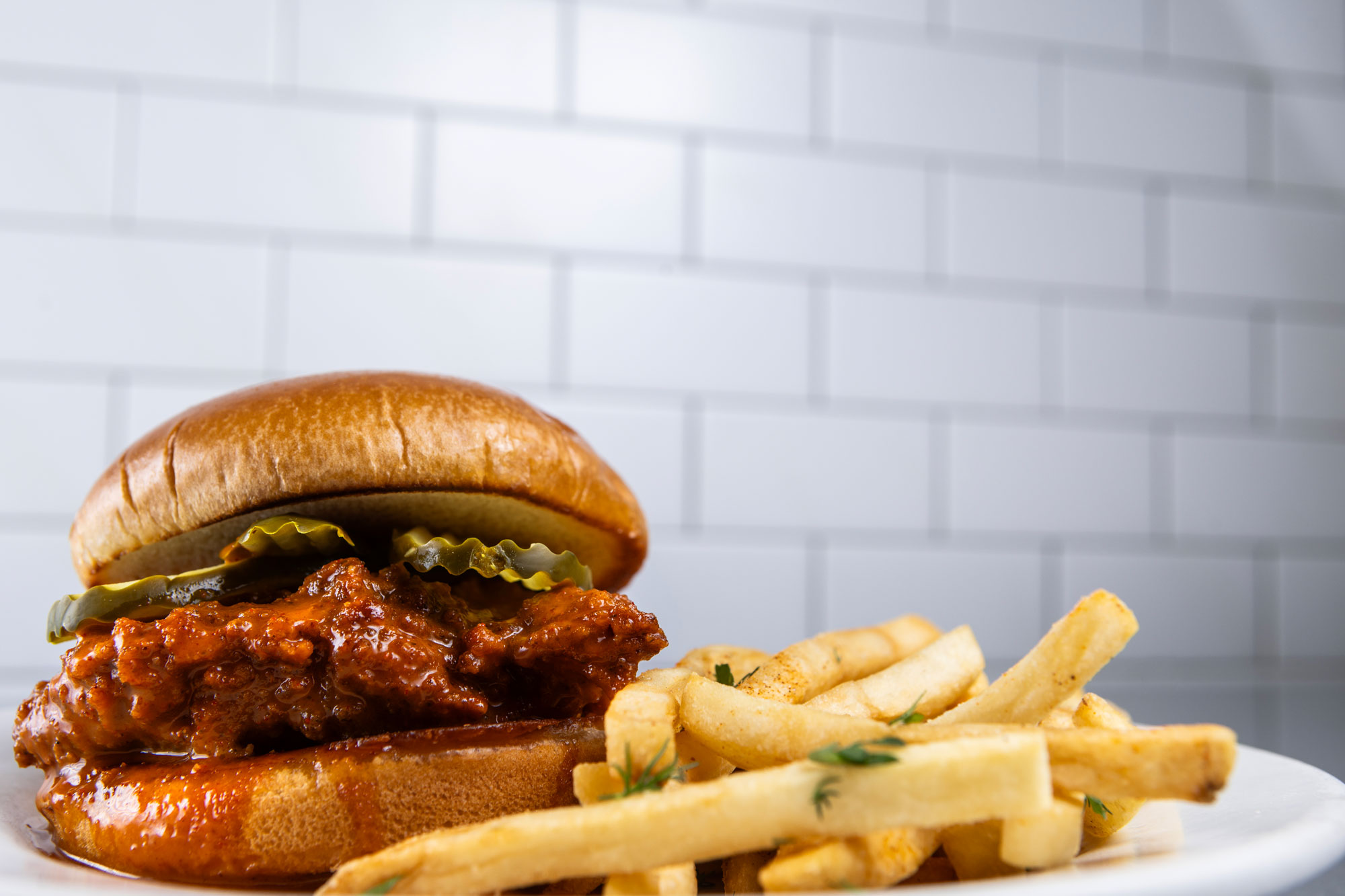 Skillet chicken sandwich and french fries