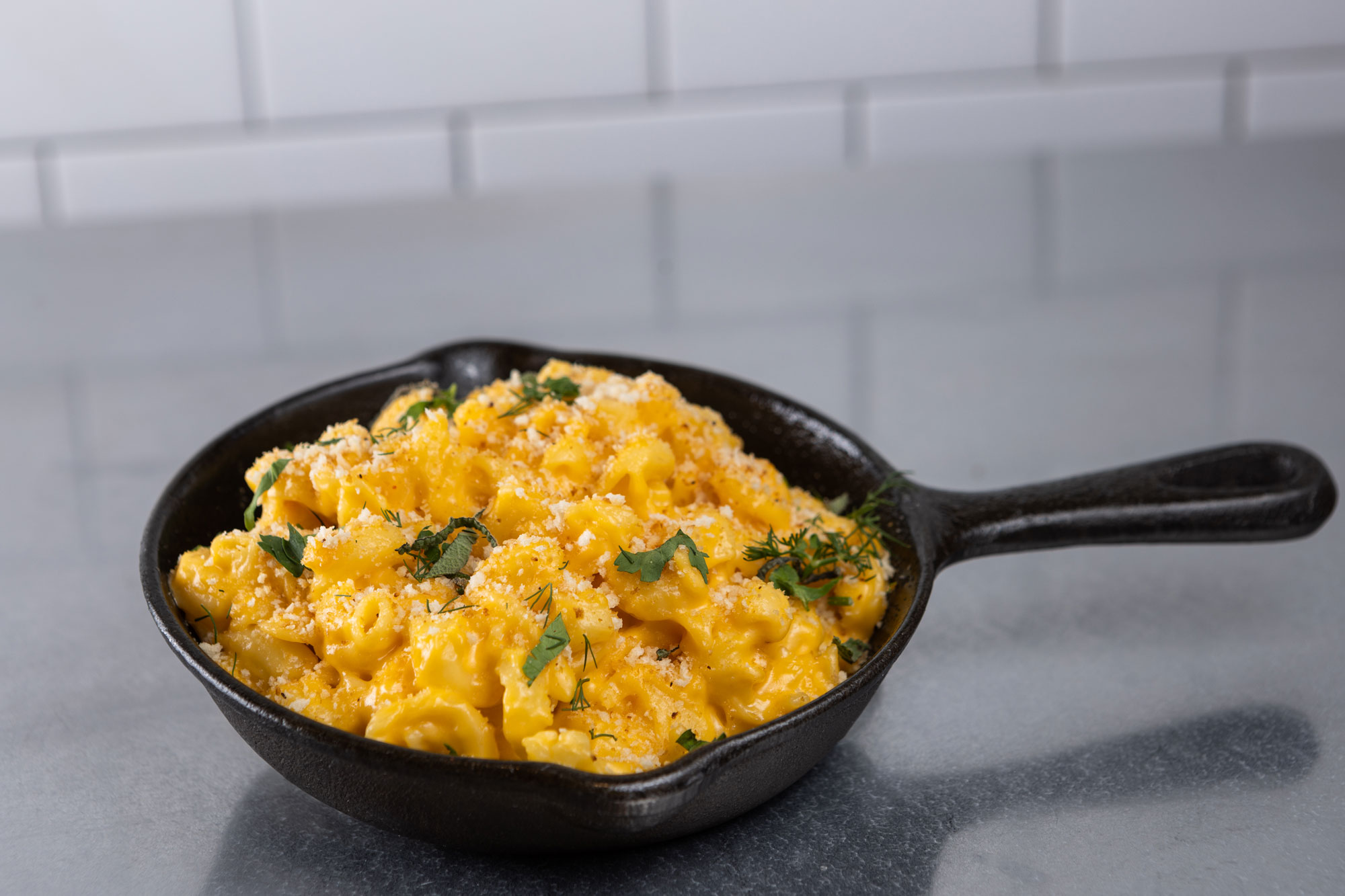 Skillet restaurant macaroni and cheese in cast iron skillet