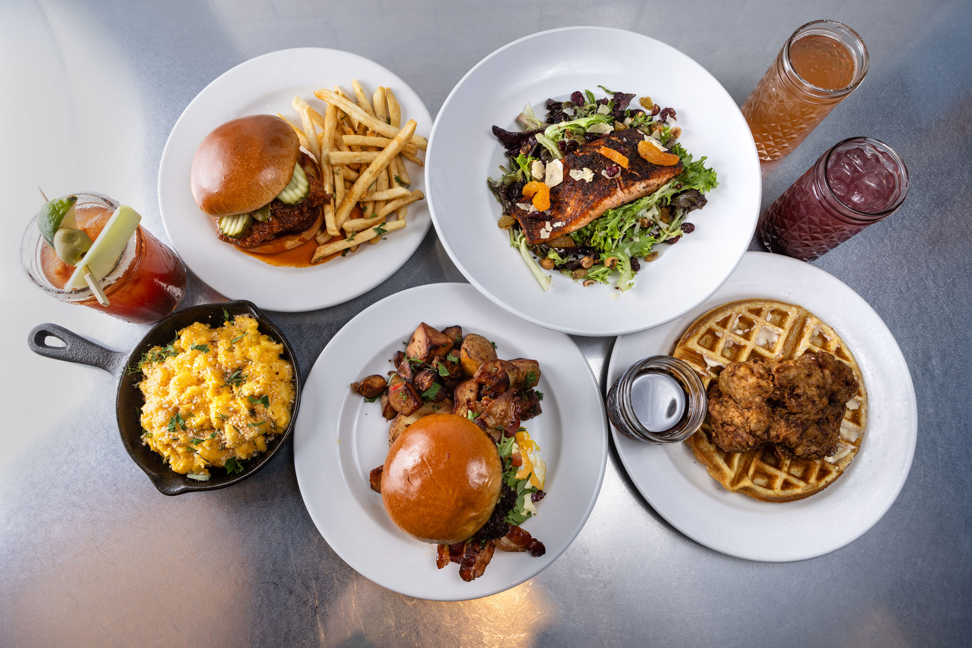 Skillet - variety of plated food and drinks overhead