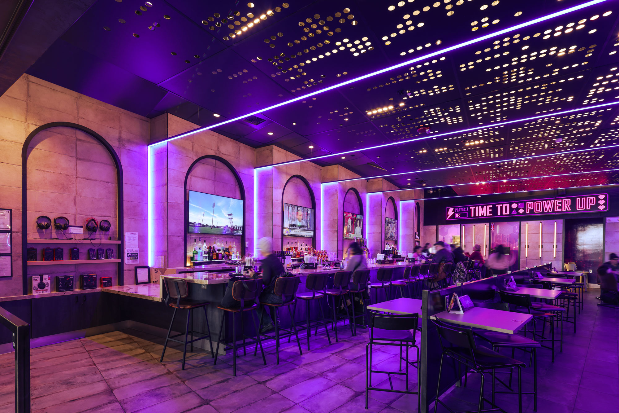 Sky Gamerz interior view with purple mood lighting