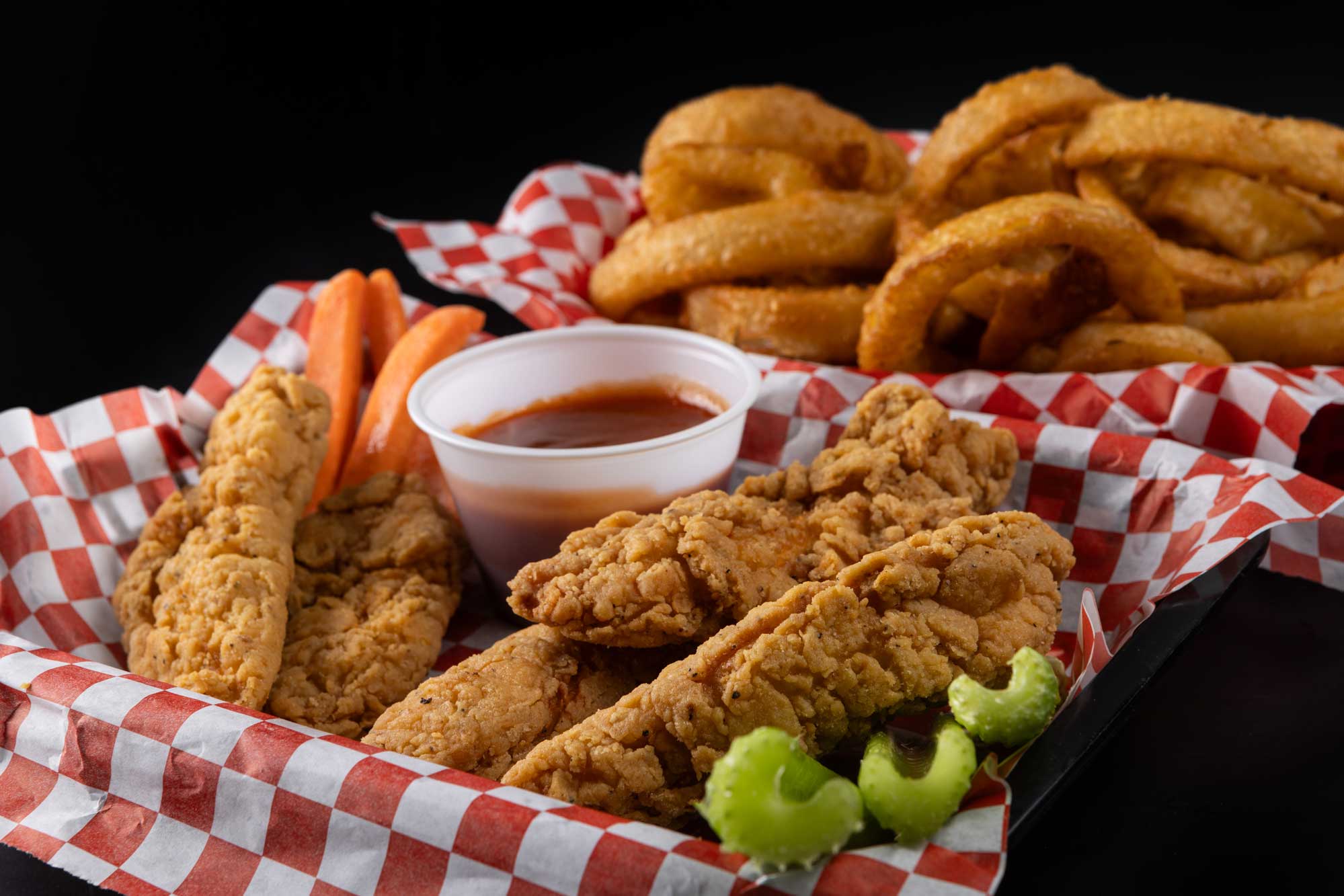 Village Pub chicken fingers and onion rings