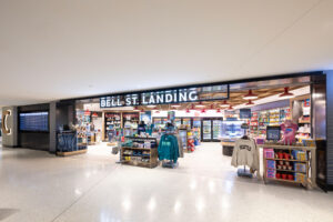 Bell St. Landing exterior with flight information displays