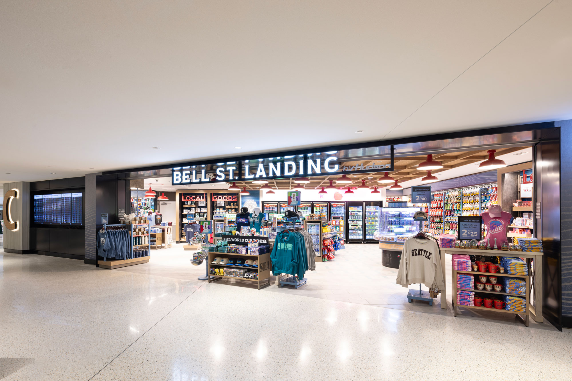 Bell St. Landing exterior with flight information displays