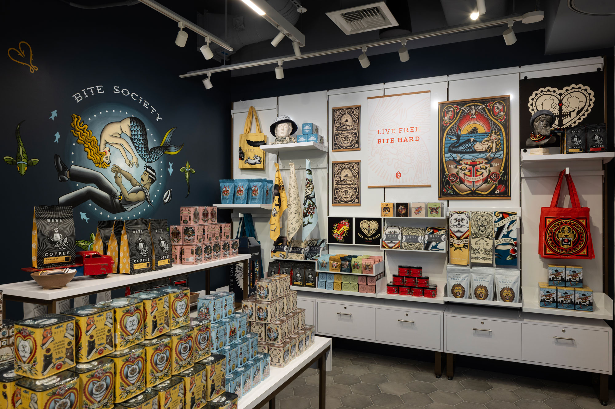 Bite Society interior with wall design and various merchandise
