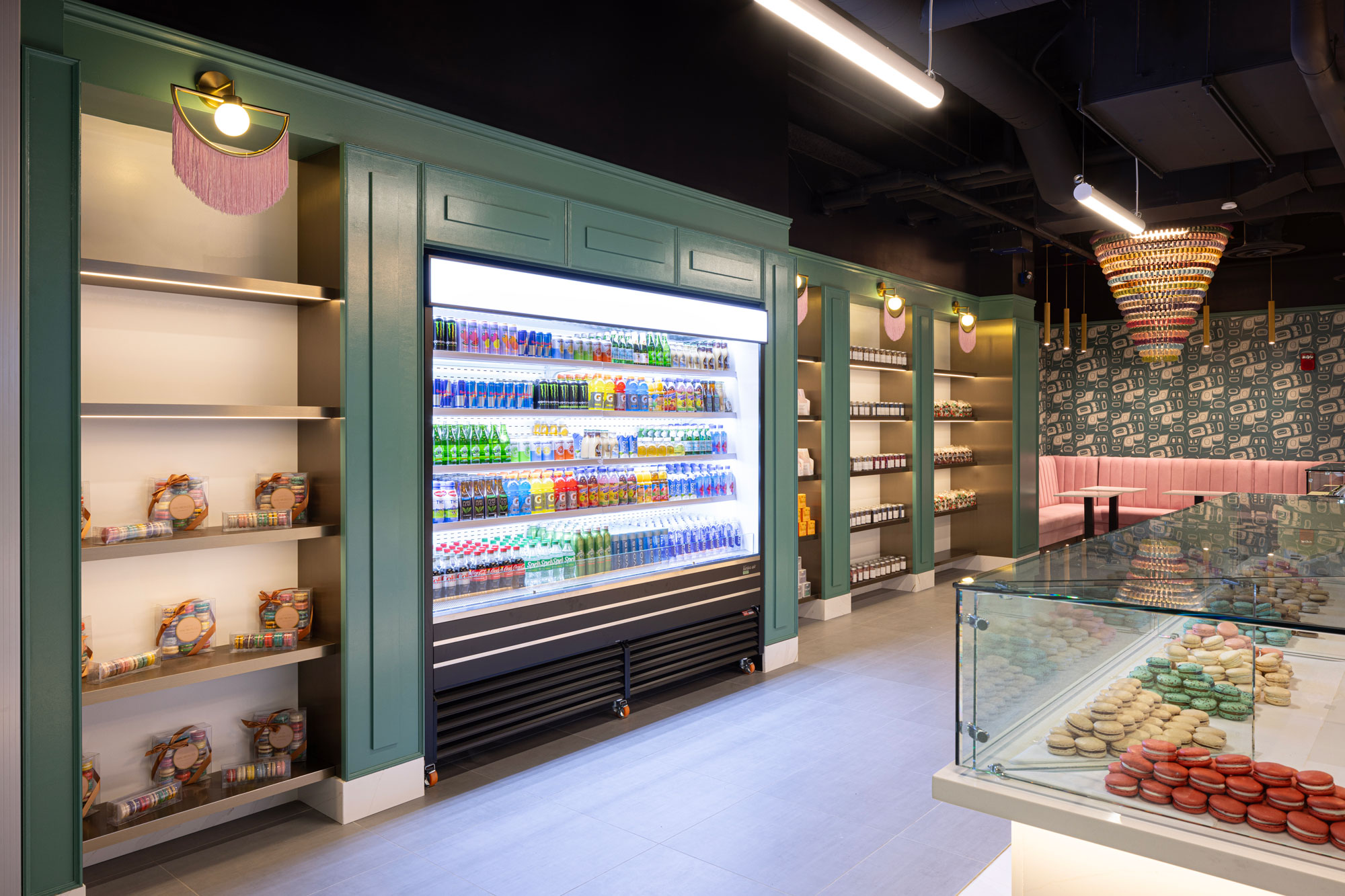 Seattle Macaron Co interior with beverage and macaron cases