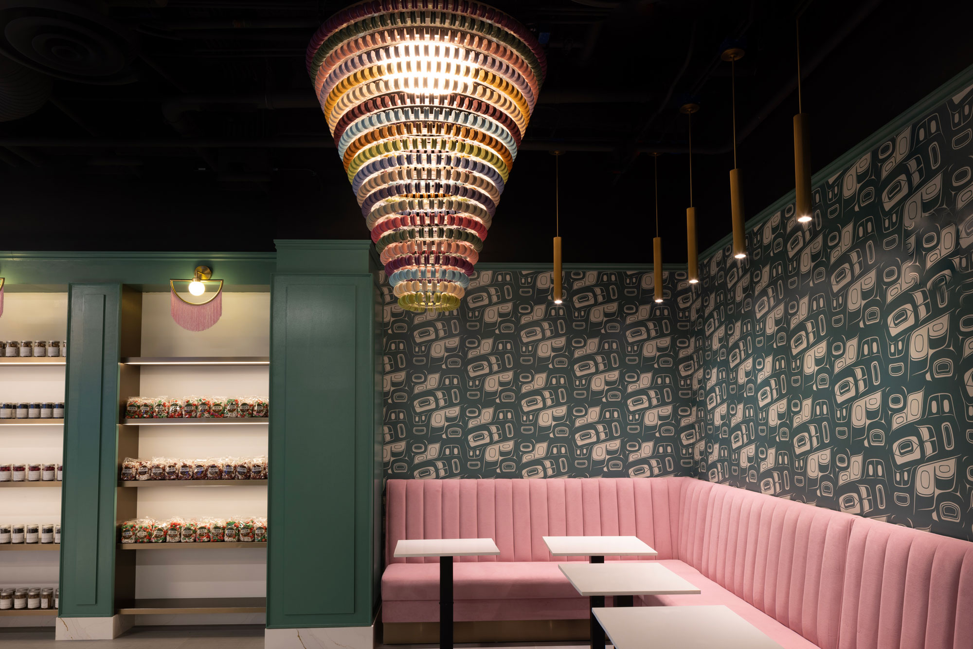Seattle Macaron Co seating area with decorative chandelier