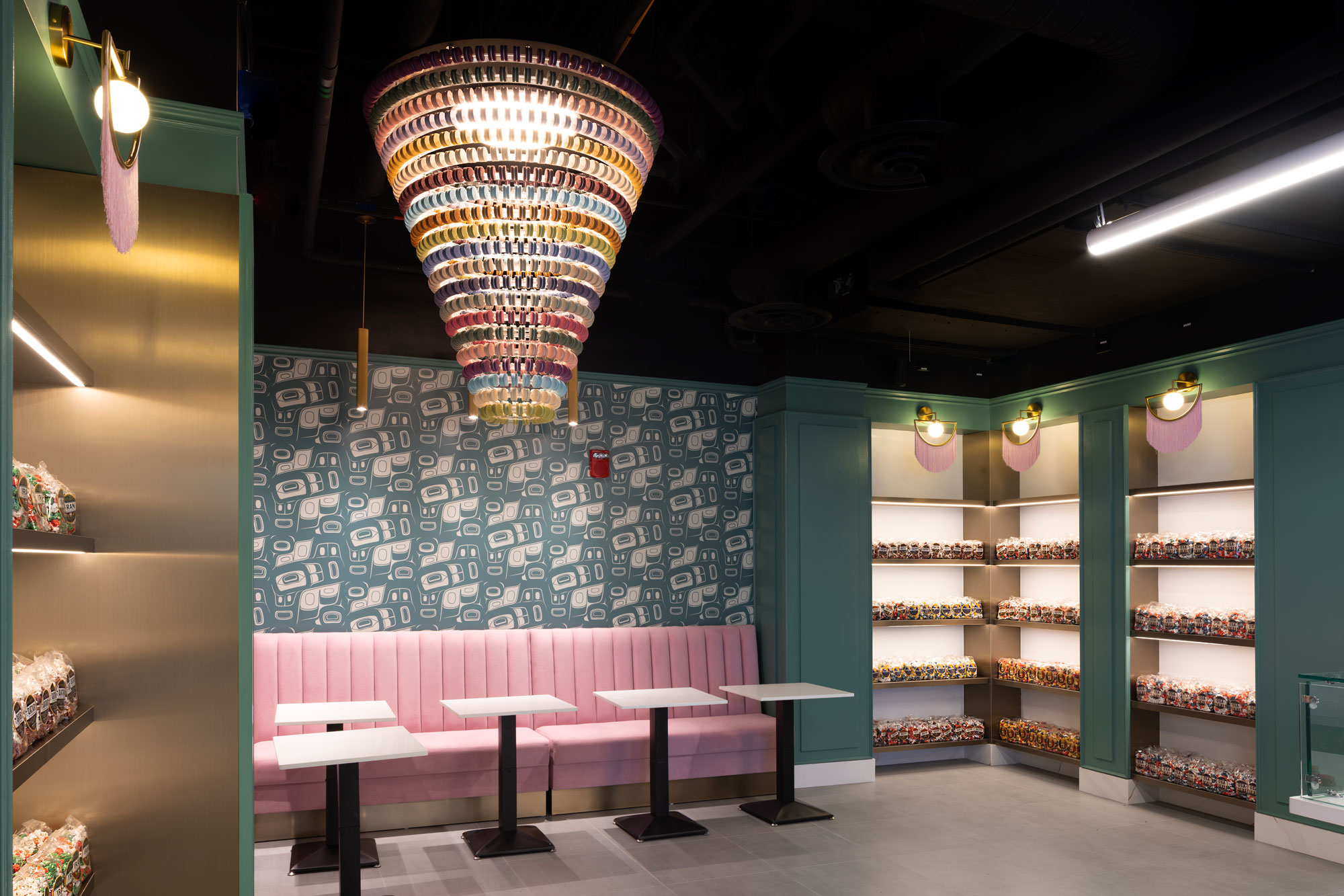 Seattle Macaron Co interior seating with macaron chandelier